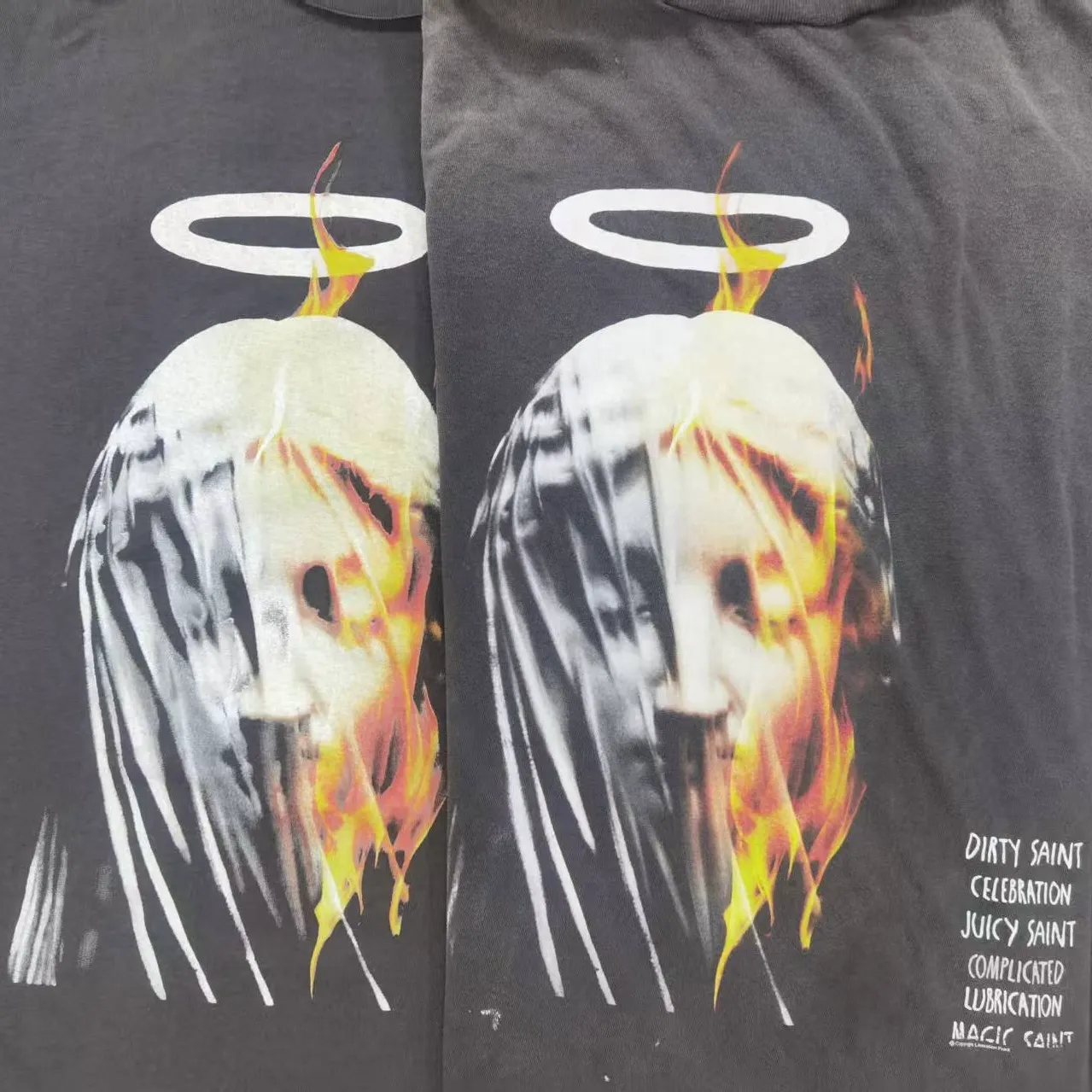 SAINT Mxxxxxx SS TEE/DEVIL DADDY/BLK Virgin Mary retro distressed printed tee, washed black S-XL, this season's hottest item, in order to give you an authentic experience, repeated debugging and polishing in printing and washing, finally meet you, the same old style, the same as the original version, cylindrical side seam OE yarn fabric/completely matched accessories, garment dyeing, heavy washing and water fading, bust bandage fading.